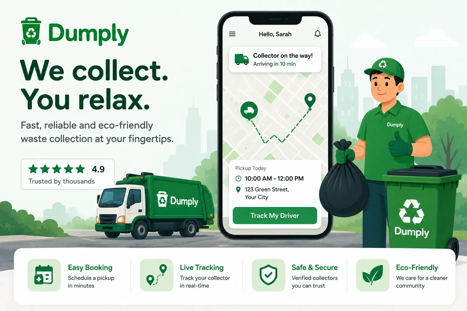 The Dumply app showing a collector on the way with live tracking, next to a collector loading a bagged waste collection into a Dumply van