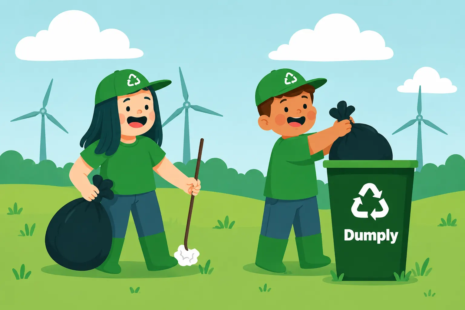 Two Dumply collectors clearing bagged rubbish from a green street