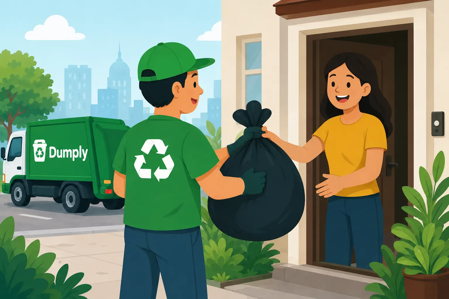 A Dumply collector loading bagged household waste into a van outside a customer's home